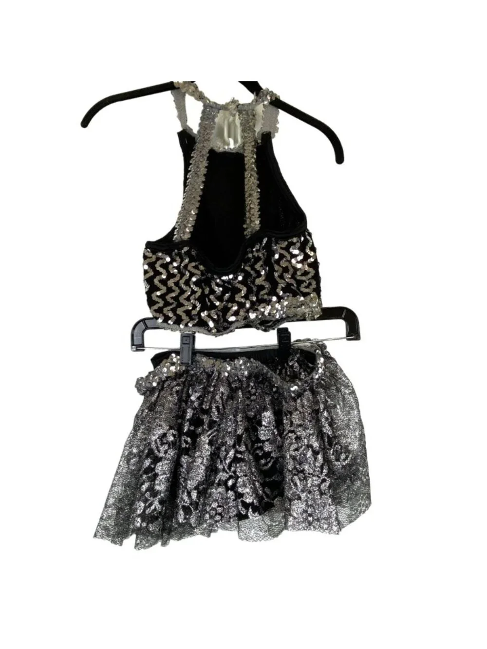 Curtain Call Girls Dance Costume Black Silver Sequin Jazz Tap Recital 3 Pc Small